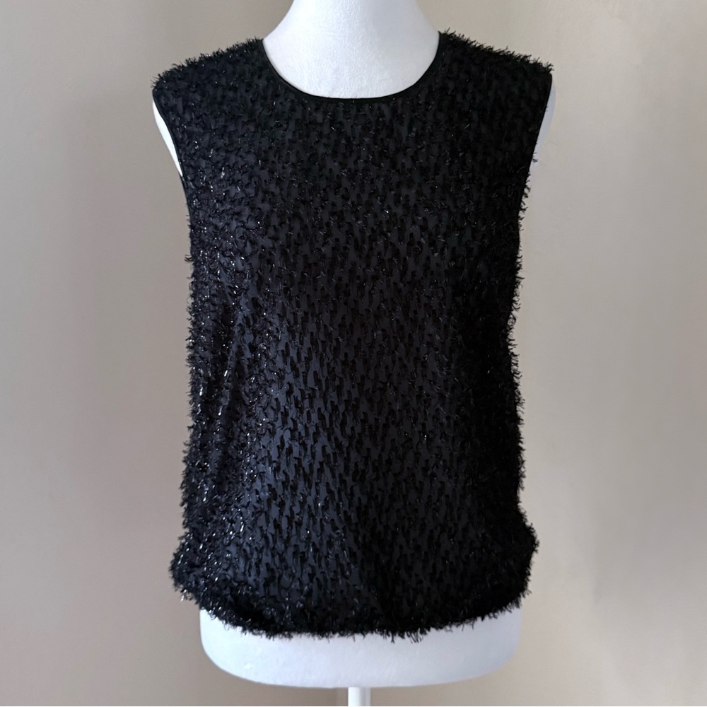 L'AGENCE Black Sleeveless Blouse Tank Top Sheer Silver Metallic Eyelash Fringe 4